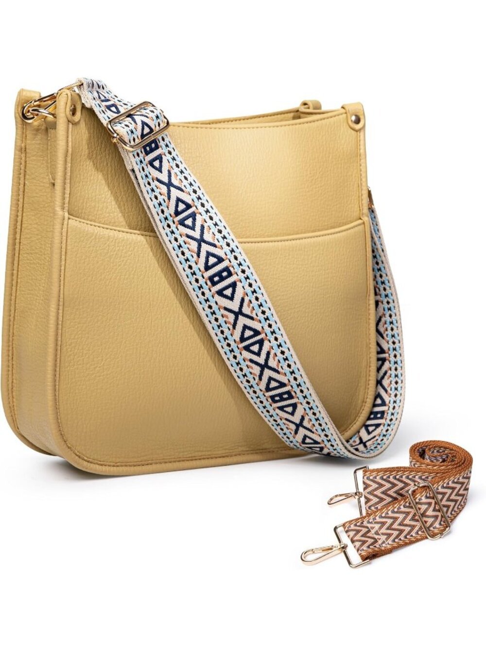 Women's Yellow Leather Small Crossbody Bag Wide Guitar Strap Shoulder Purse